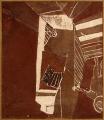 Lépcsőház, 1977 kl, sgraffito, vászon, gipsz, 108x94 cm, (magántulajdon)