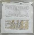 Apokrif III., 1998, őrölt mészkőmassza, papírtépés, dobozkarton, papír, 67x67 cm