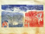 Táj pincékkel, 1972 kl, monotípia, papír, 368x700 mm